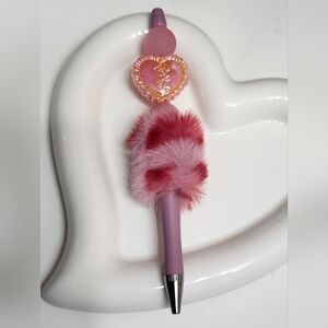 Beaded Pen Valentine‎ Heart Pink Animal Print Pompom Fluffy Gift